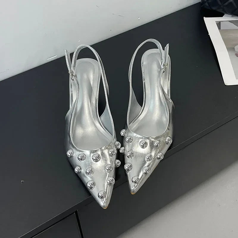 Summer 2025 Fashion Rivet Design High Heeled Sandals Women Sexy Pointed Toe Back Strap Dress Shoes Stripper Pumps Zapatos Mujer