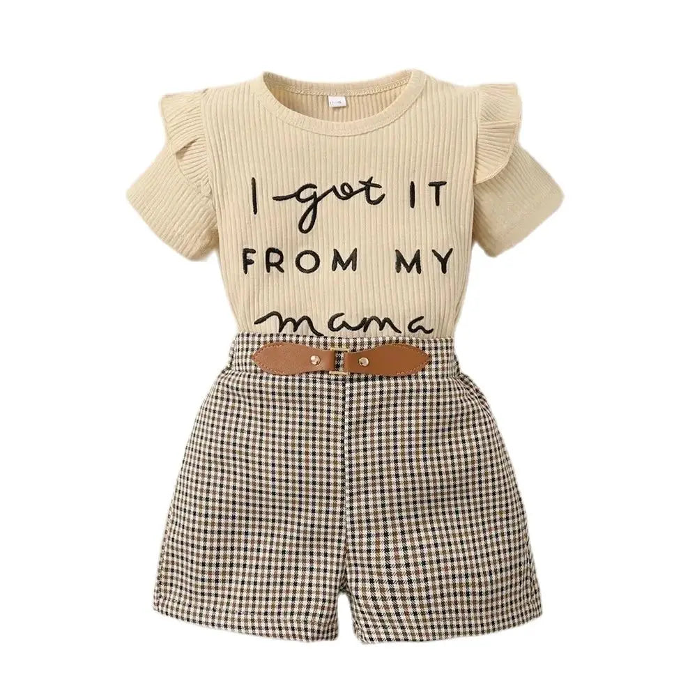 2PCS Toddler Baby Girl Clothing Set Letter Print Short Sleeve Top+Checkered Shorts Fashion Casual Suits for Kids Girl 1-6 Years