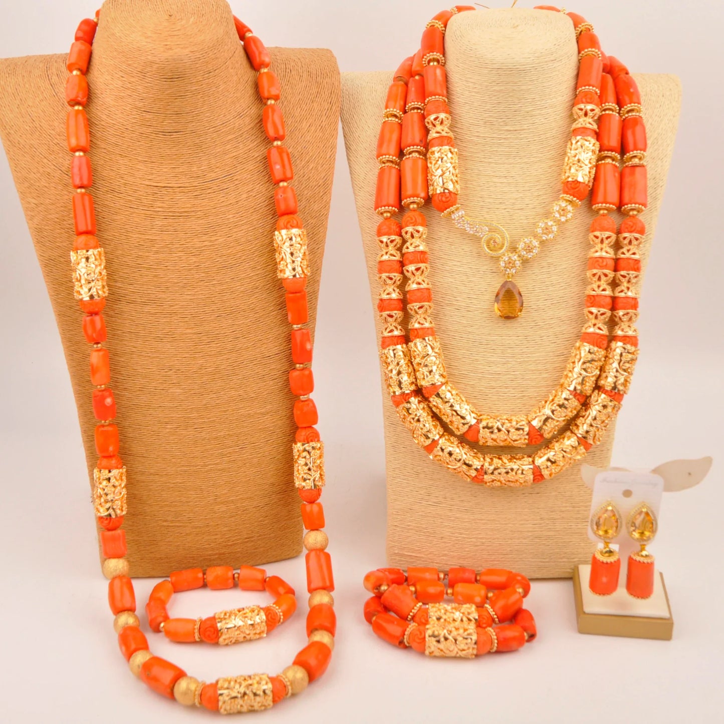 Natural coral beads orange necklace set for stylish Nigerian wedding couple African jewelry