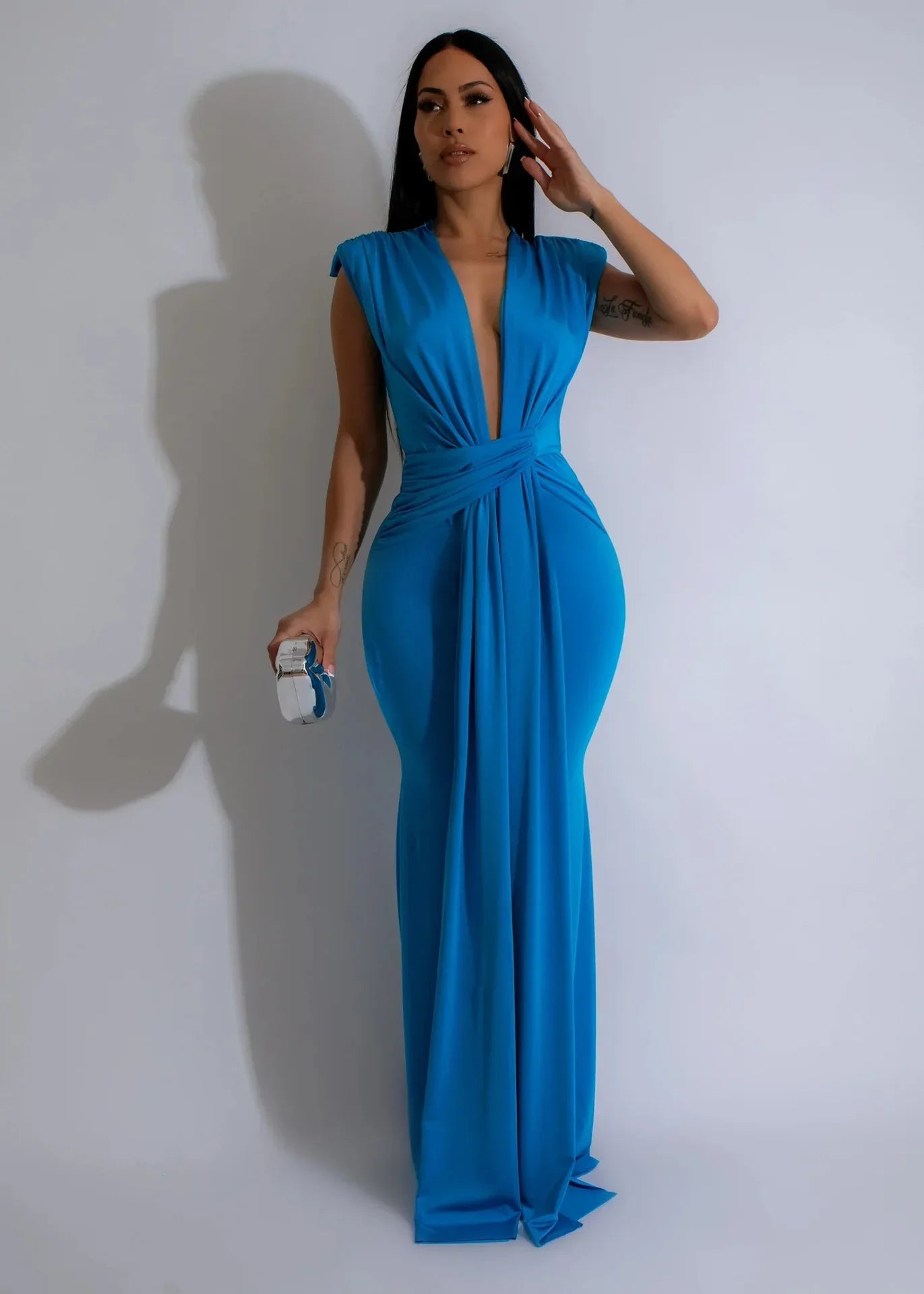 CM.YAYA Women Sleeveless Ruched Deep V-neck Long Maxi Dress 2024 Street Evening Birthday Night Club Party Vestidos Sexy Dresses