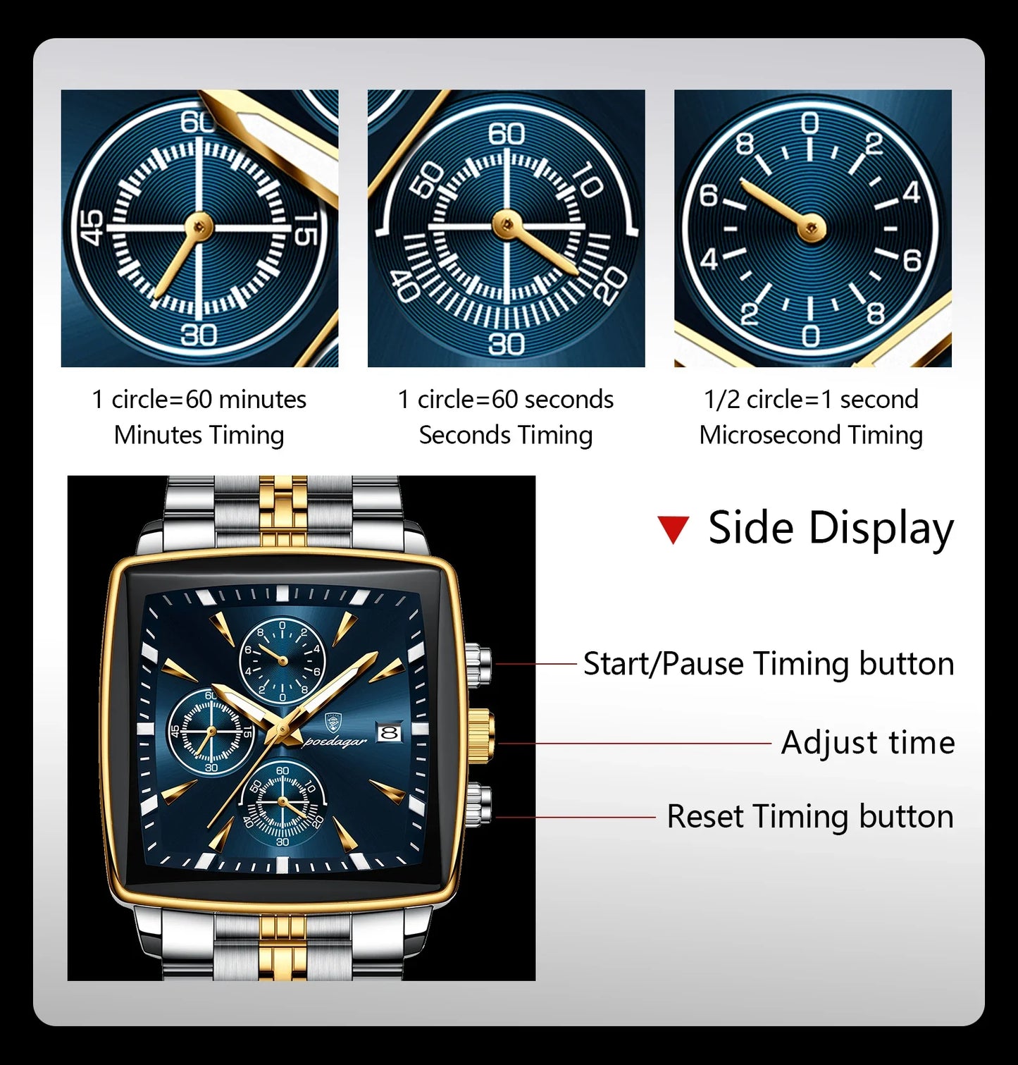 Fashion Men Watch Luminous Waterproof Chronograph Date Man Wristwatch Square Stainless Steel Quartz Men's Watches Reloj