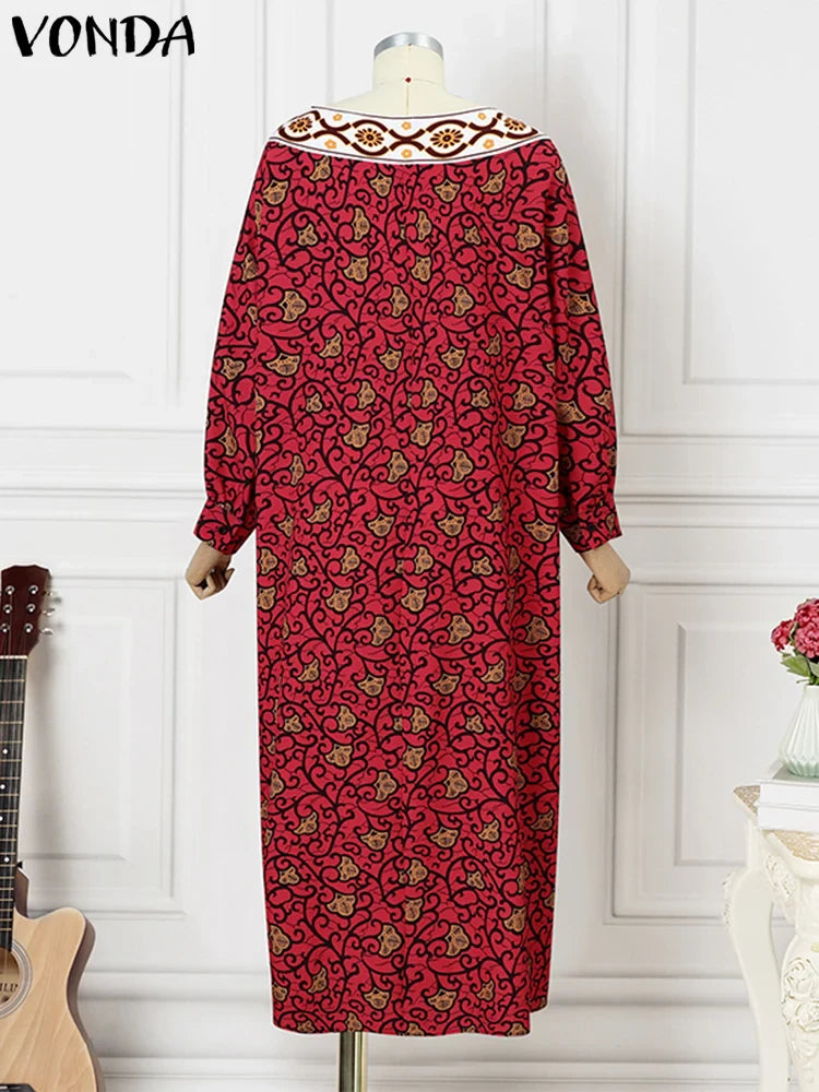 Women's Bohemian Printing Maxi Dress Long Bat-wing Sleeve Elegant Casual Round Neck