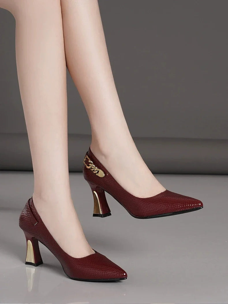 Basic Wine Snakeskin Leather Women Shoes Stiletto High Heels Pointy Toe Women Pumps Weddings Party Size 33-42 Shoes Woman