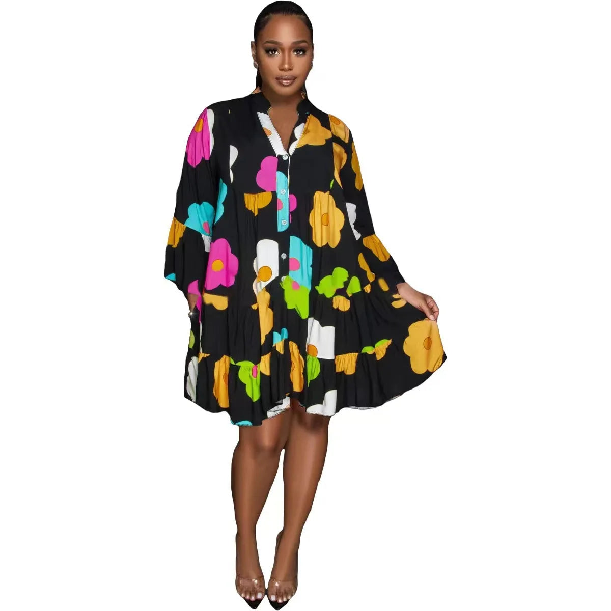 Autumn Women's New Loose Fashionable Printed Long Sleeved Sexy V-neck Single Breasted Shirt Big Swing Half Body Jumpsuit