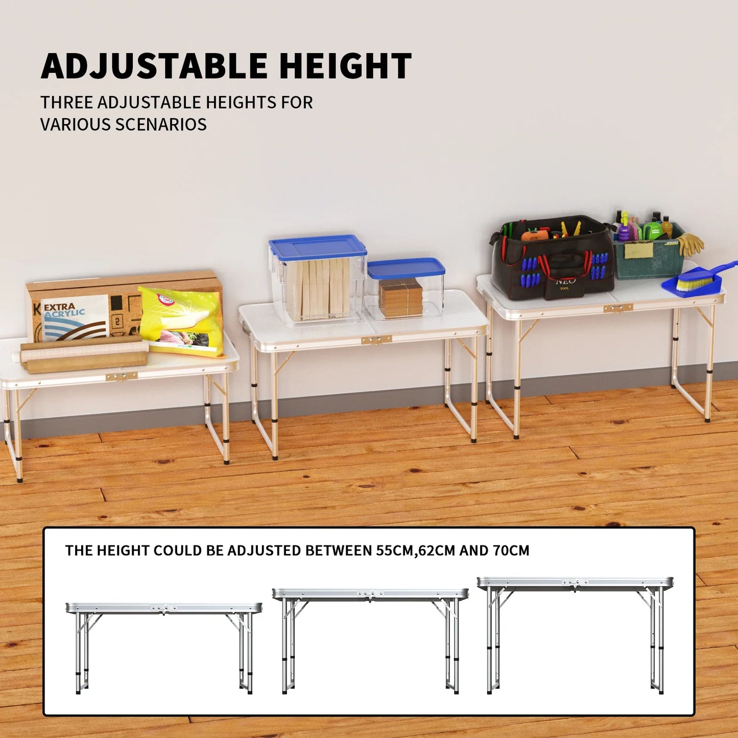 Features:  - Folding table with carry handle  - Moulded plastic top - includes handy carrying handle  - Sturdy aluminum alloy fr