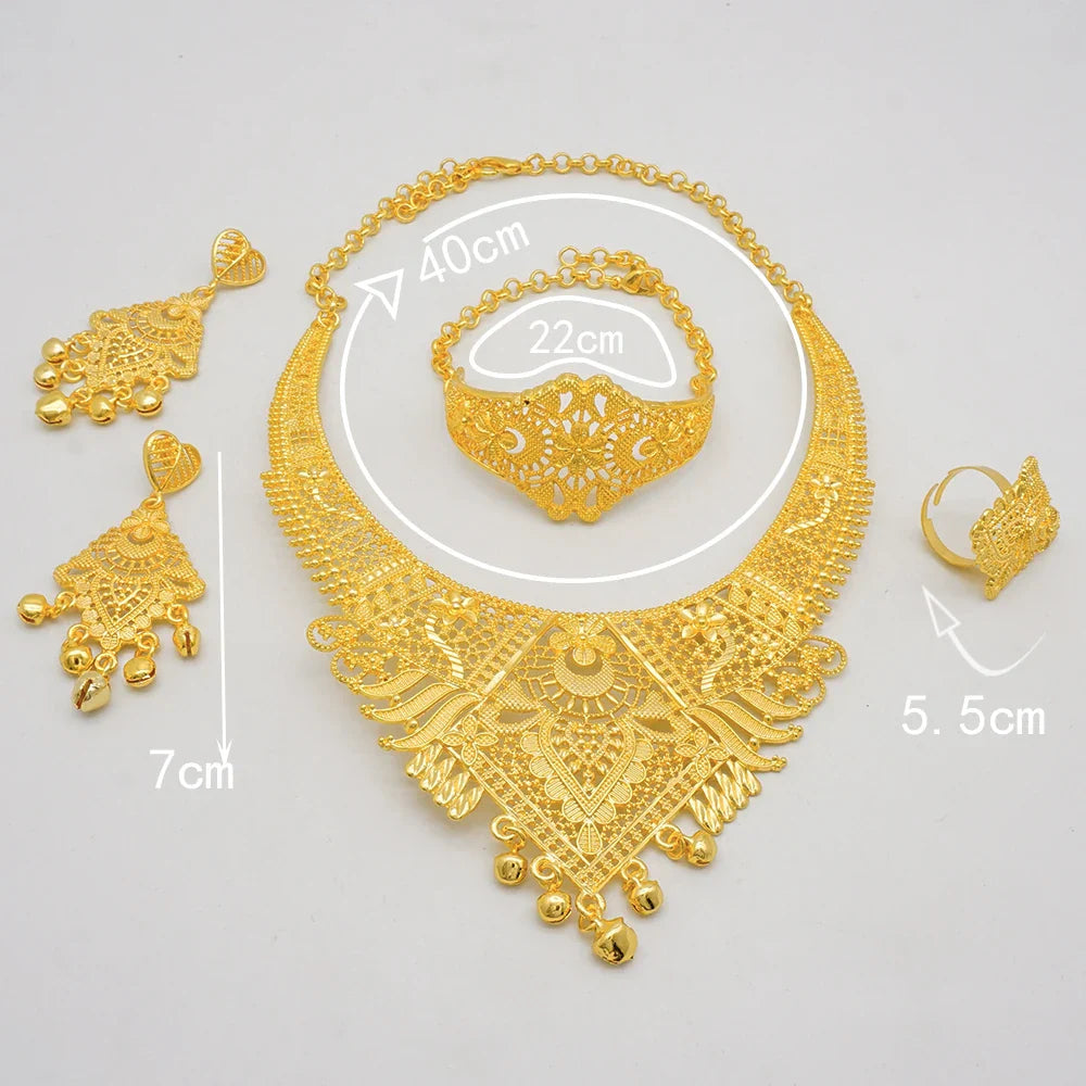 Indian Dubai Gold Color Jewelry Sets For Women Earring & Necklace Nigeria Moroccan Bridal Wedding Party Gifts