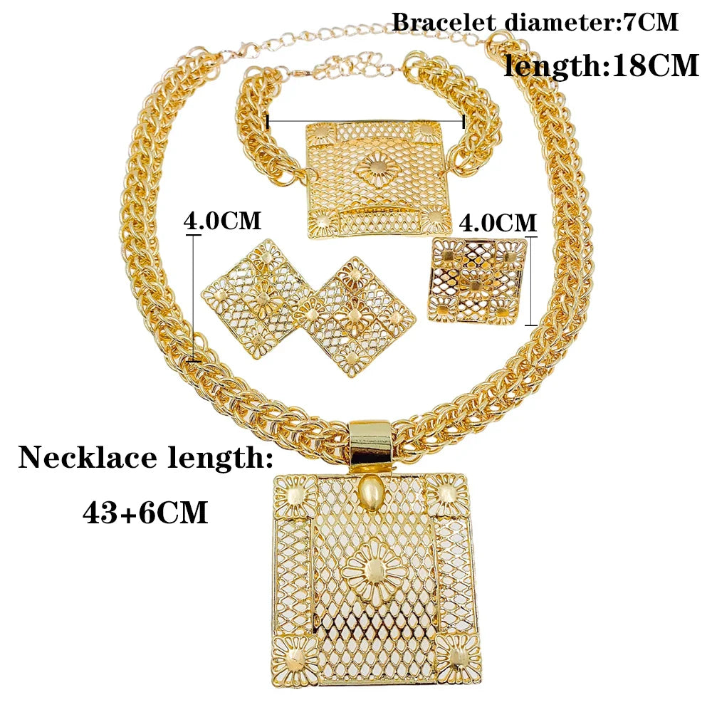African Women 18K Gold Plated Jewelry Sets Gold Geometry Pendant Necklace Earrings Indian Wedding Party Jewelry
