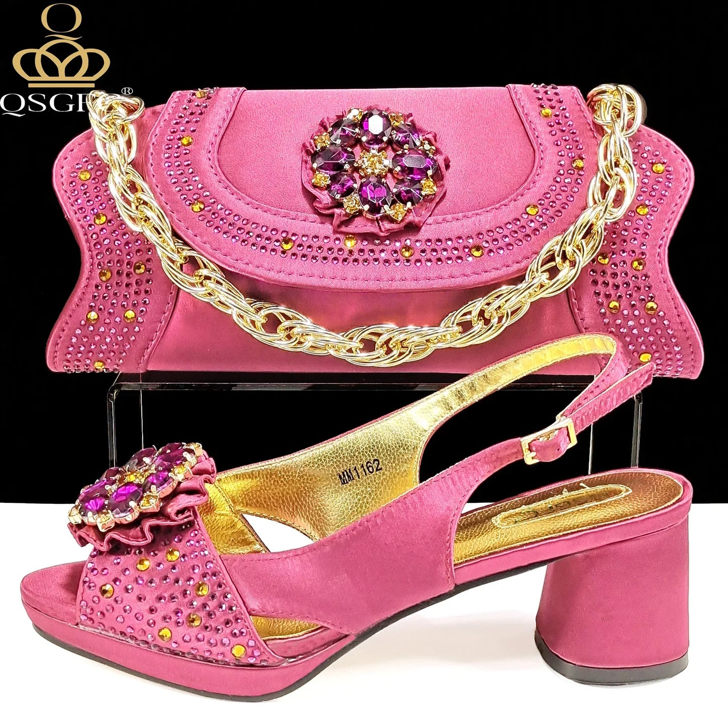QSGFC Open Toe Women Heels for 2024 Elegant Party Olive Color Diamond Pumps Italian Shoes and Bags Matching Set