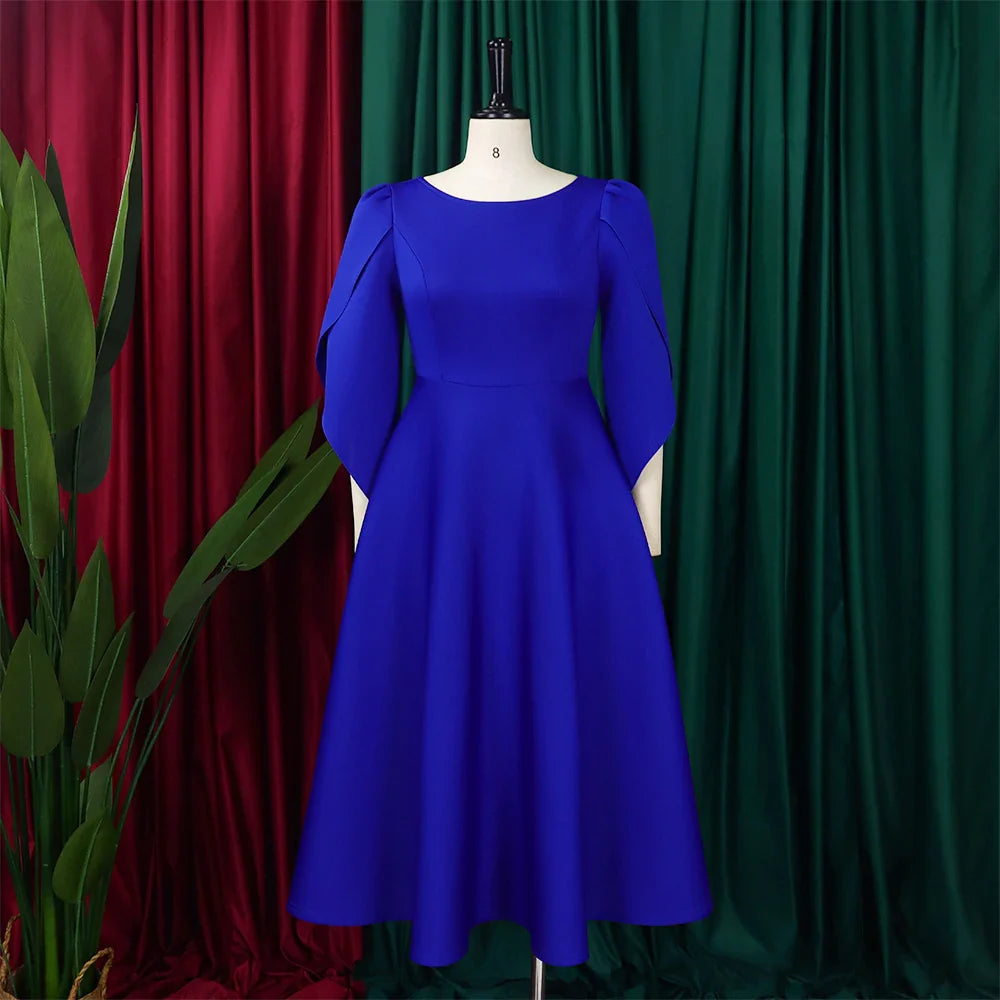 Elegant Dress Woman 2024 Wedding Party Round Neck Half Sleeve High Waisted Pleated Mid Calf Luxury Birthday Dinner Vestidos Robe