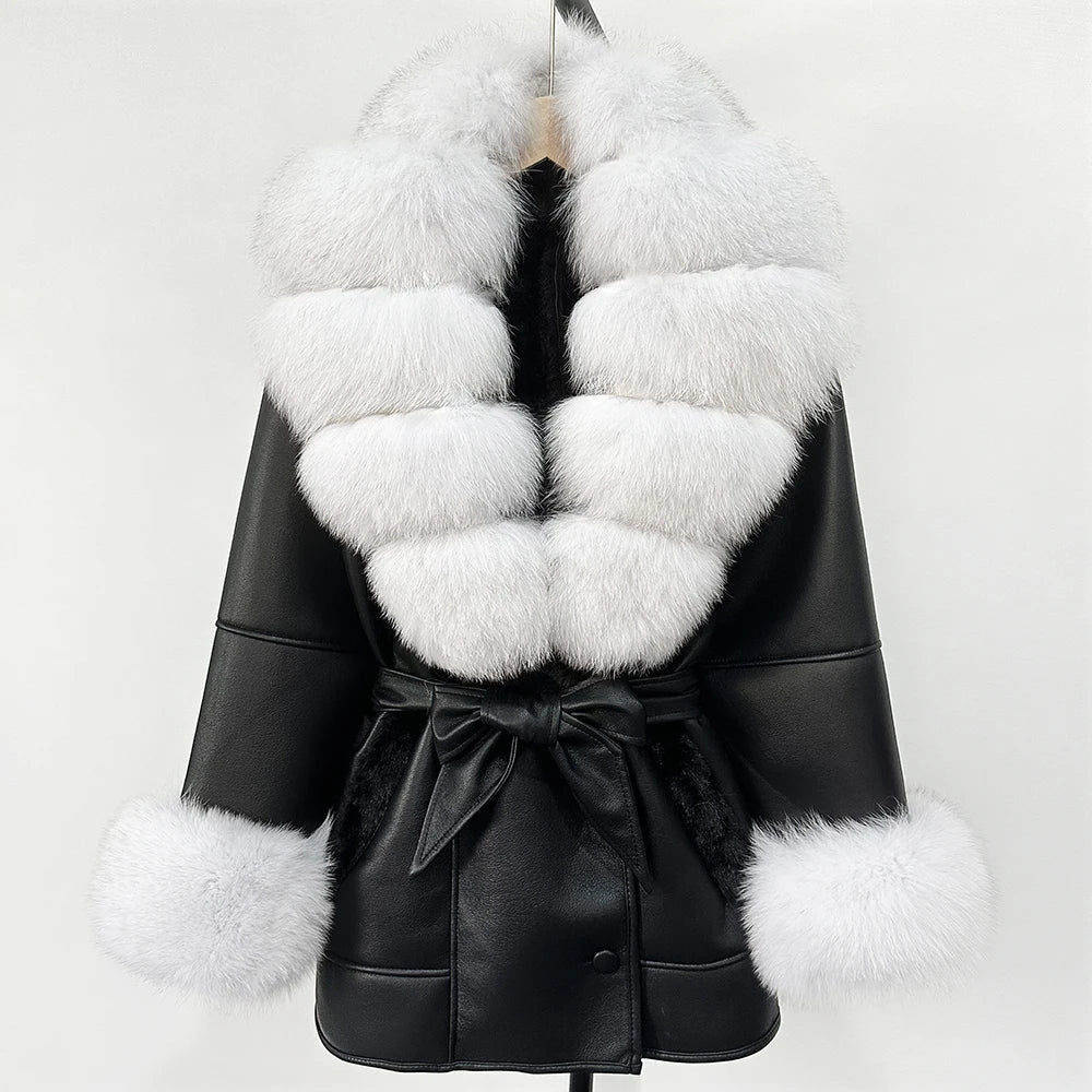 Women's Large Faux Fur Leather Jacket Warm Autumn Winter Outwear High Street Style Thick Warm Fur Turn-Down Collar Single Breasted