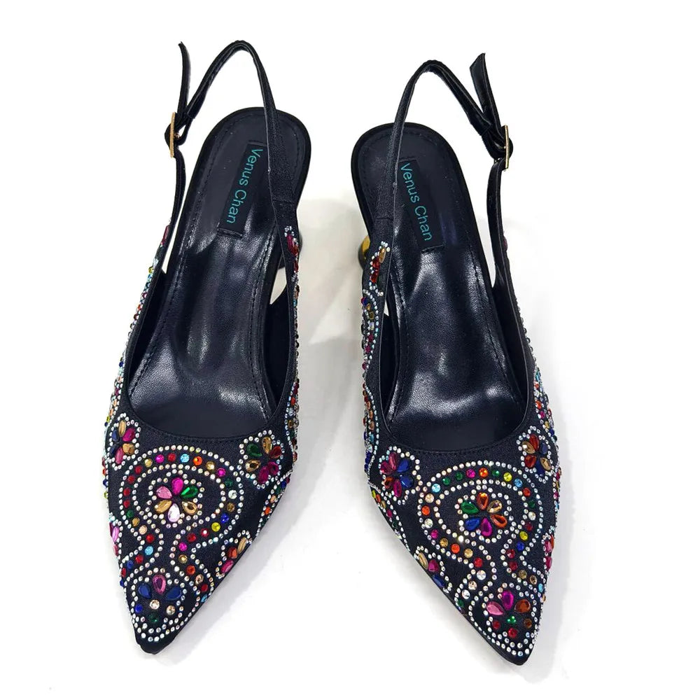 Elegant And Sexy Fuchsia Color High Heels Shoes And Bag With Rhinestone Embellished Toe Is Comfortable Women's Shoes For Party