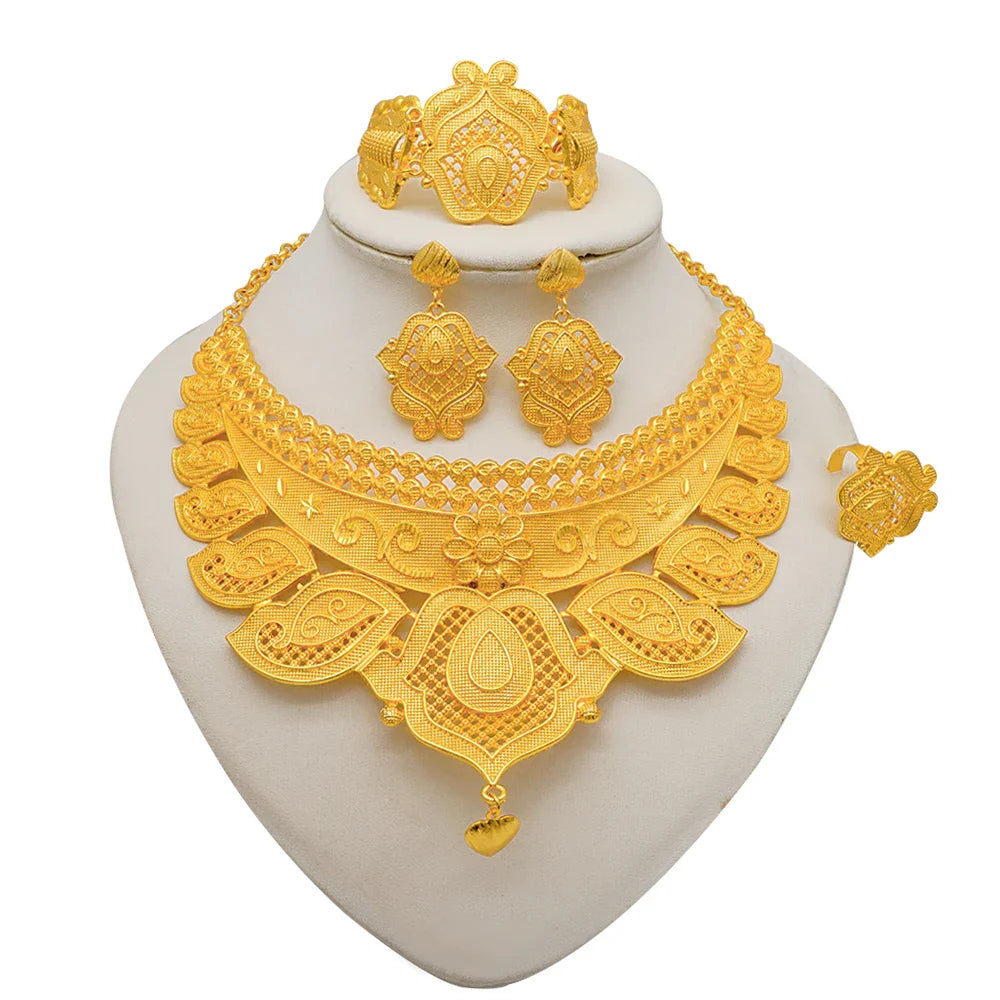 Indian Dubai Gold Color Jewelry Sets For Women Earring & Necklace Nigeria Moroccan Bridal Wedding Party Gifts