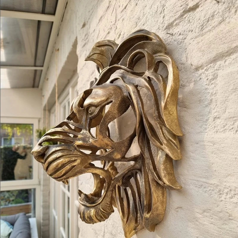 Significant Lion Head Wall Mounted Art Sculpture Gold Resin