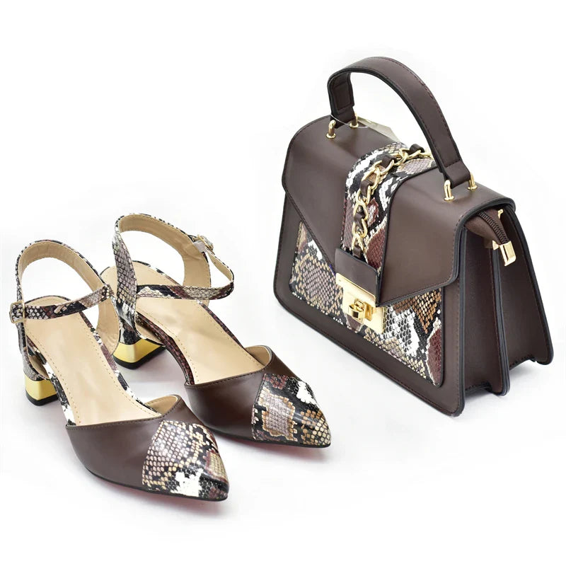 New Design Italian Shoe and Bag Set for Party In Women Ladies Shoes and Sandals Snake Print Heels Wedding Shoes for Women Bride