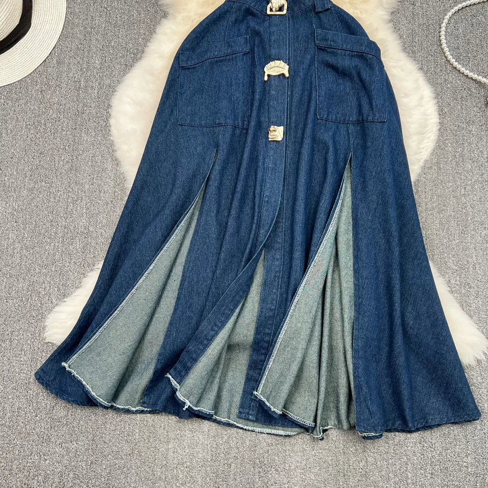 Denim Dress Women Long Dresses Turn Down Collar Sleeveless Party Club Hollow Out Jeans High Waist Slim Single Breasted Vestidos