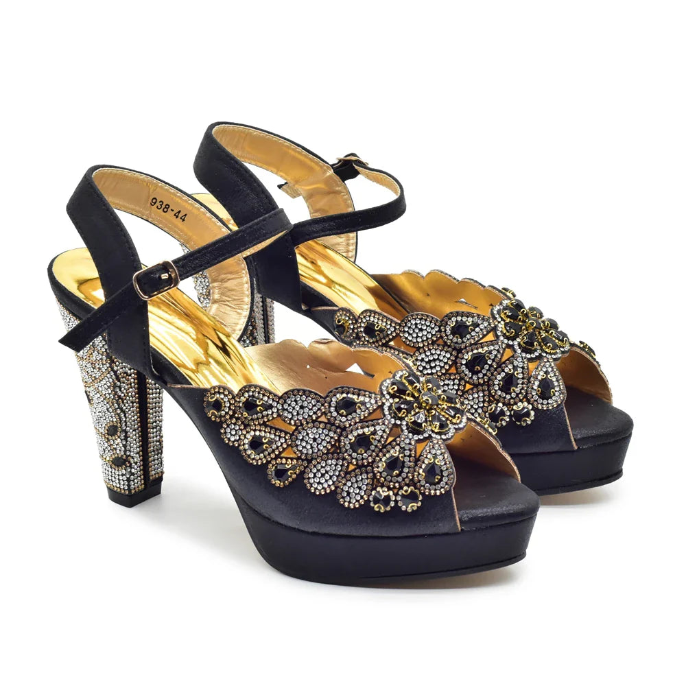 2024 Fashion Black Color High Quality Peep Toe Thin Heels Shoes Matching Bag Set for Nigerian Party Women Women Shoe Size 43