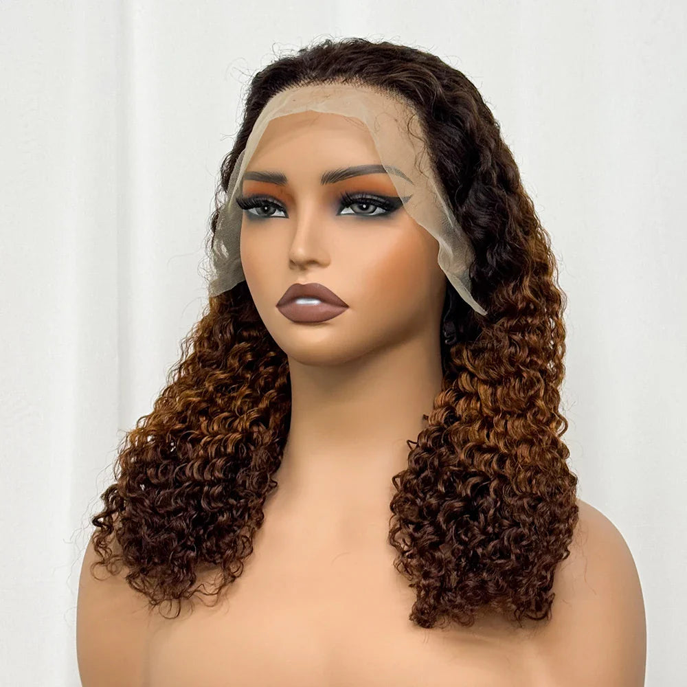Double Drawn 250% Density Ombre 18 Inches Water Wave Curly Human Hair Wigs 13x4 Transparent Lace Frontal Hair Wig for Women