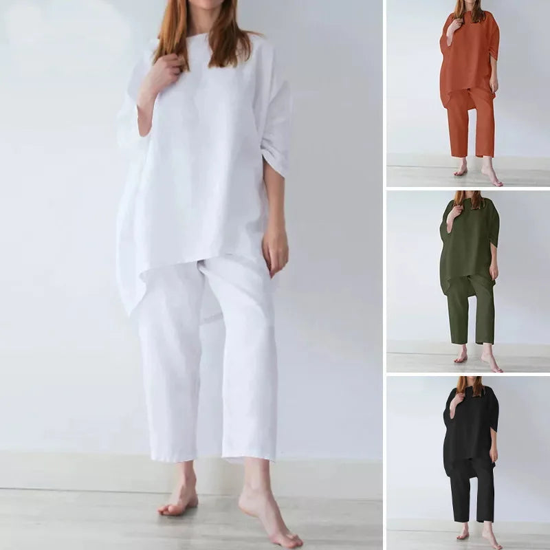 Fashion Short Sleeve Blouse Wide Leg Trousers Suits Vintage Summer Pant Sets Two Piece Sets Womens Loose Tracksuit Outifits 2025