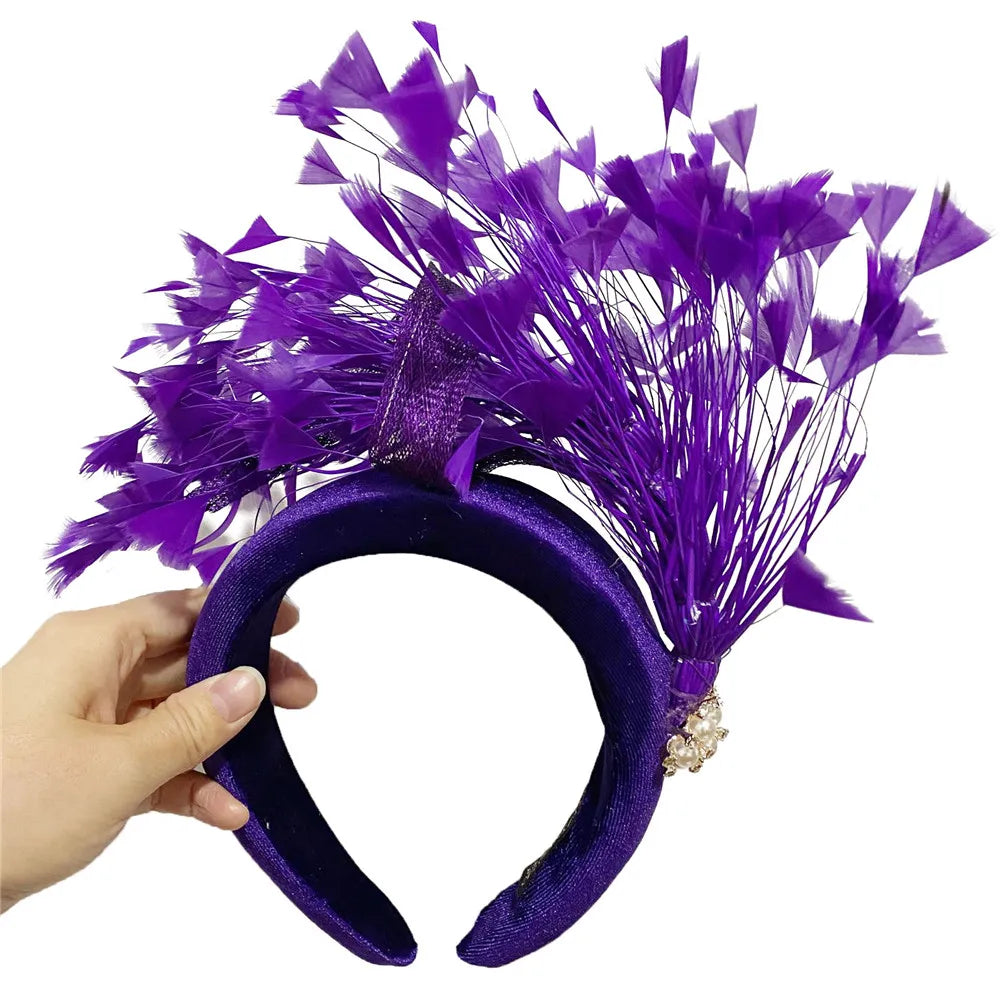 Fashion Wedding Bride Headband Headwear Fancy Feather Hair Band Millinery Hair Accessories With Peals Decor Hair Accessories