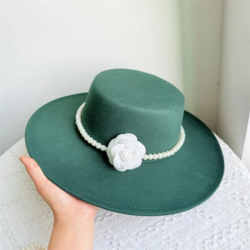 Women's Fashionable Fedora Hat 10CM Wide Brim Flat Top Felt Hats For Wedding And Jazz
