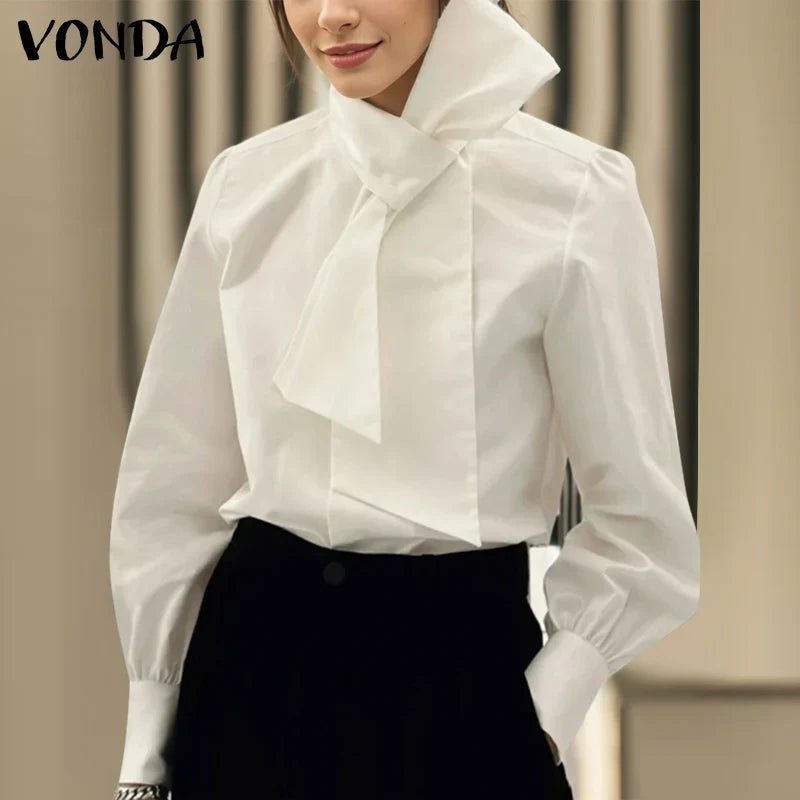 Plus Size 5XL VONDA Elegant Blouses Women Tops Streetwear Solid Color Casual Bow Collar Blusas 2024 Female Long Sleeve Shirts