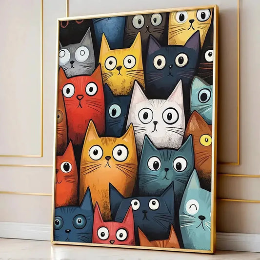 Nordic Cartoon Cat Canvas Art – Colorful Cat Wall Art for Bedroom, Living Room, or Office Decor