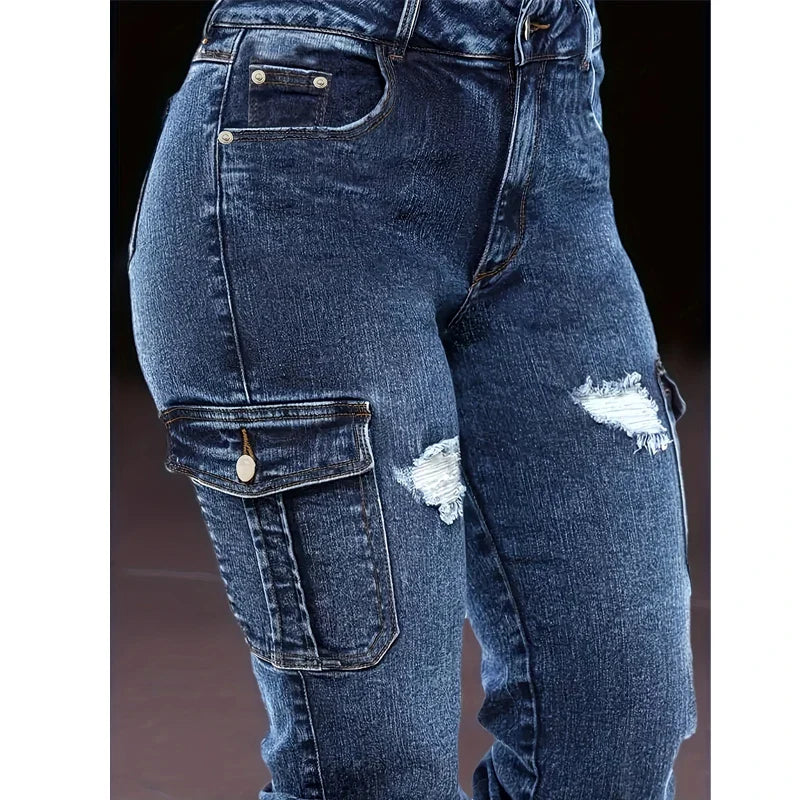Women's Distressed Stretch Cropped Denim Jeans-Fashionable Elastic Cuff, Multi-Pocket Casual Cargo Pants Sporty Wear Jeans T16