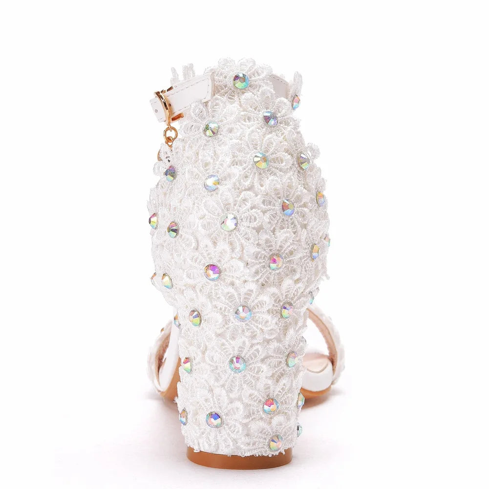 Plus Size 34-43 Shoes for Women Summer Lace Flower Sandals Peep Toe Fashion String Bead High Heel Party Wedding Evening Shoes