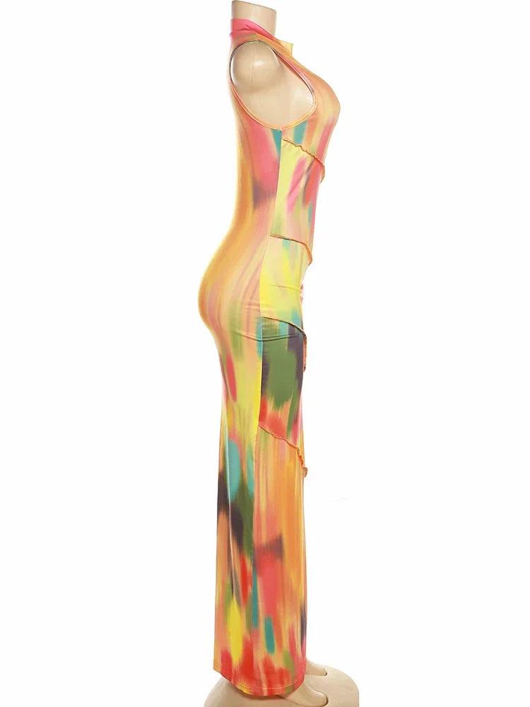 BWQ Colorful Tie-dye O-neck Maxi Dress Women Hipster Topstitch Patchwork Sleeveless Slim Robe Female Streetwear Vestido