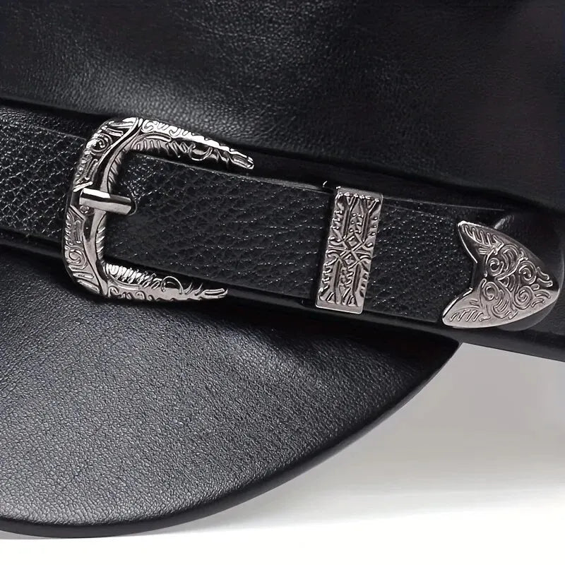 Unisex Leather Military Style Cap – Retro Black Faux Leather Army Hat with Belt Buckle Detail | Adjustable 56–58cm