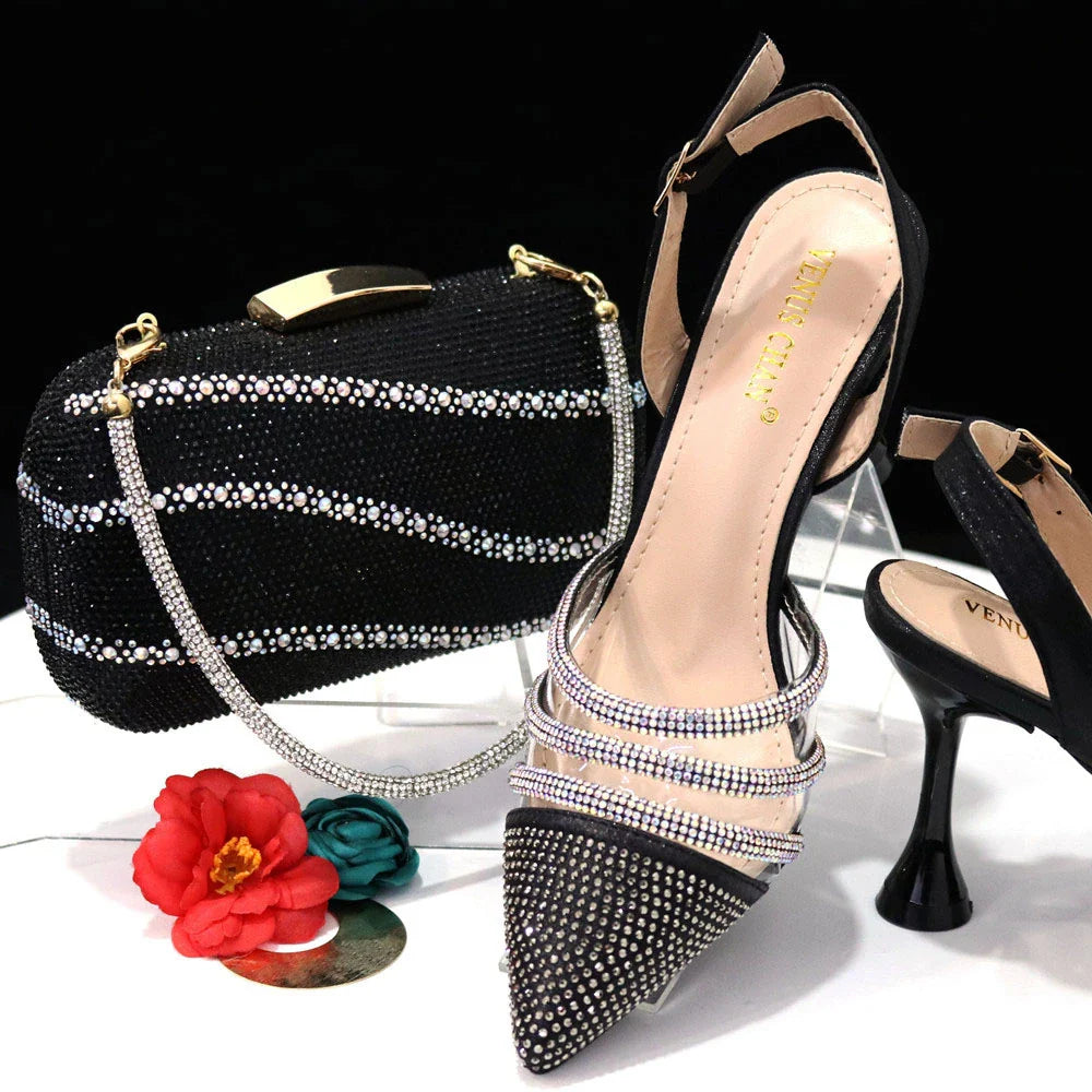 Venus Chan Shoes for Women 2023 Pointed Toe Black Heels Rhinestone Chain Party Sandals Italian Shoes and Bags Matching Set 2023