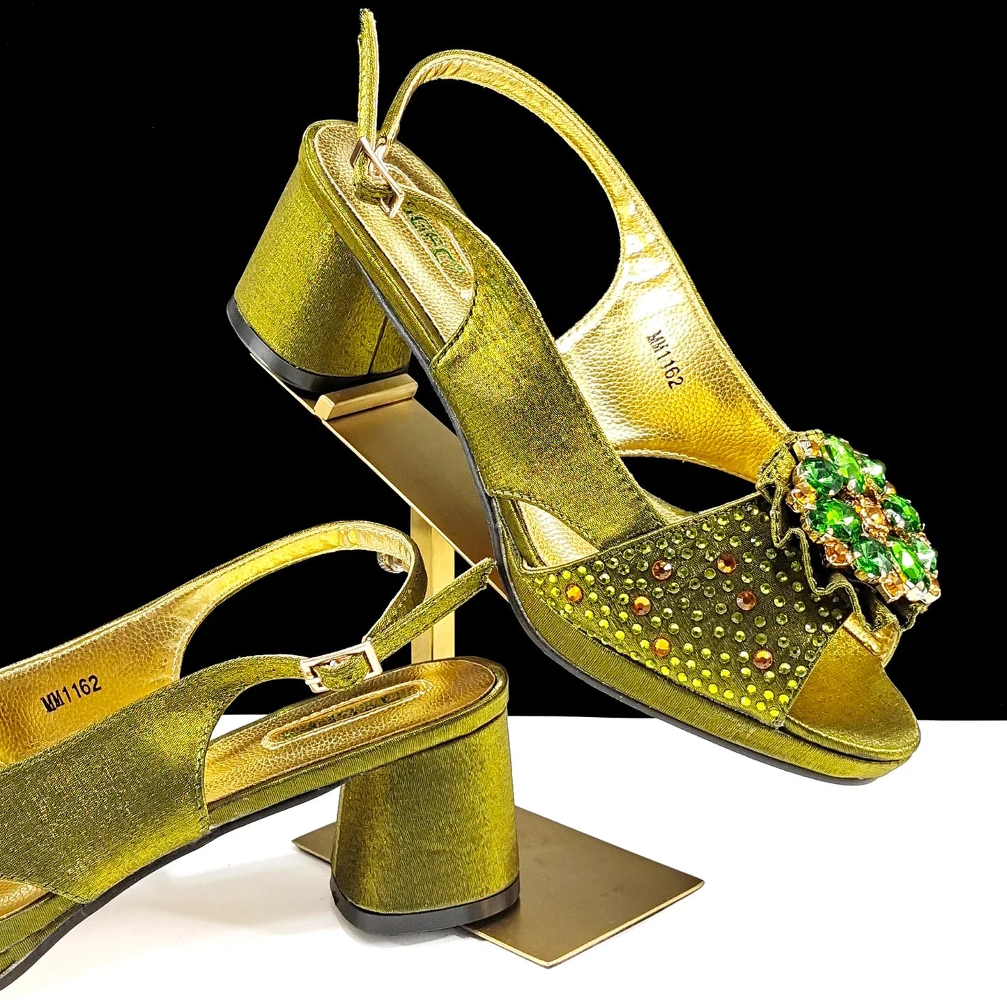 QSGFC Open Toe Women Heels for 2024 Elegant Party Olive Color Diamond Pumps Italian Shoes and Bags Matching Set