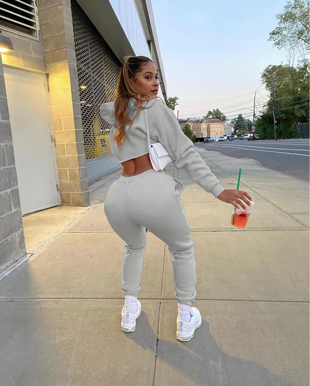 Women's Fitness Running Sets Fleece Long Sleeve Cropped Hoodies+Jogger Tracksuit