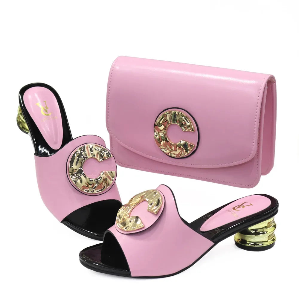 2024 Latest Italian Design Fashion African Women's Low Heel Comfortable Shoes and Bags Set Leather Casual Ladies Slippers