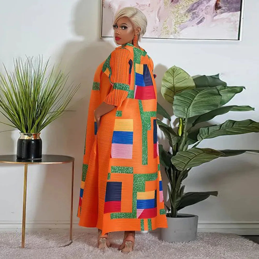 2023 Fashion African 3/4 Sleeve Polyester Plus Size O-Neck Pleated Long Dress Dashiki African Clothes African Dresses for Women