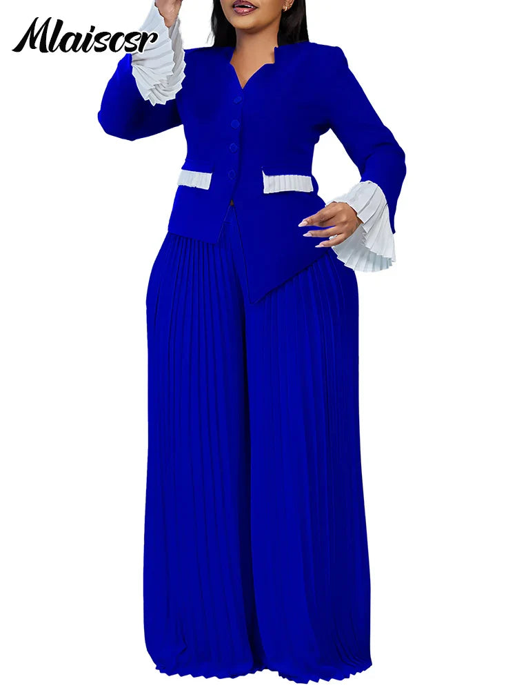 Mlaiscsr Elegant 2 Piece African Women Long Sleeve V-neck Top and Long Wide Legs Pant Matching Sets 2025 Spring OL Outfits