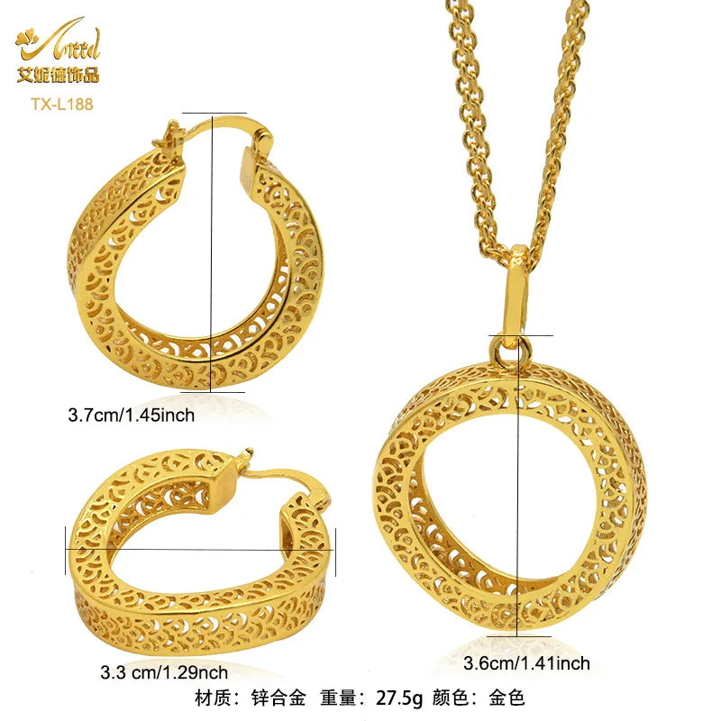 24K Gold-plated Two Piece Copper Jewelry Set India Dubai Jewelry Gold Warped Geometry Necklace Earrings