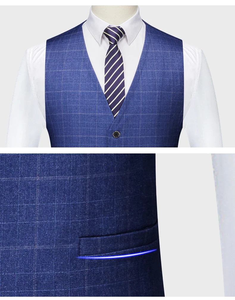 High-end Brand Classic Blue or Gray Plaid Men's Casual Business Suit Retro Official Suit Groom Wedding Dress Jacket Vest Pants
