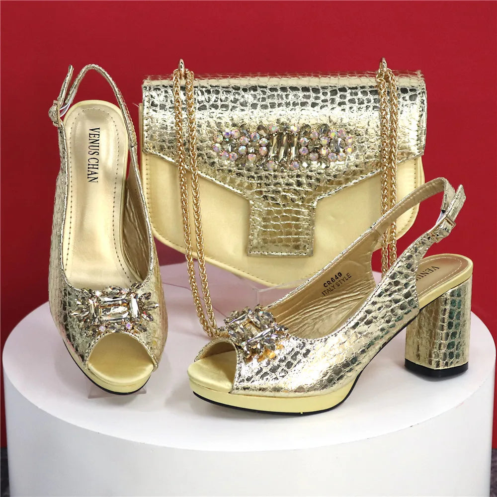 Women's Open Toe Heels Fashionable Rhinestone Decoration Shoe and Bag Set