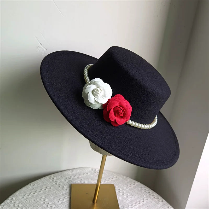 Women's Fashionable Fedora Hat 10CM Wide Brim Flat Top Felt Hats For Wedding And Jazz