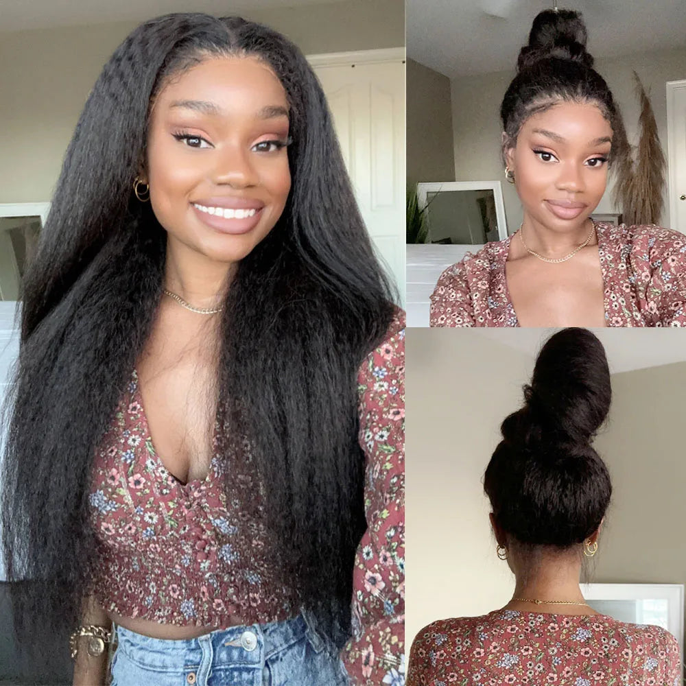 Kinky Straight 13x6 HD Lace Invisible Drawstring Strap 360 Full Lace Glue less Wig Human Hair
