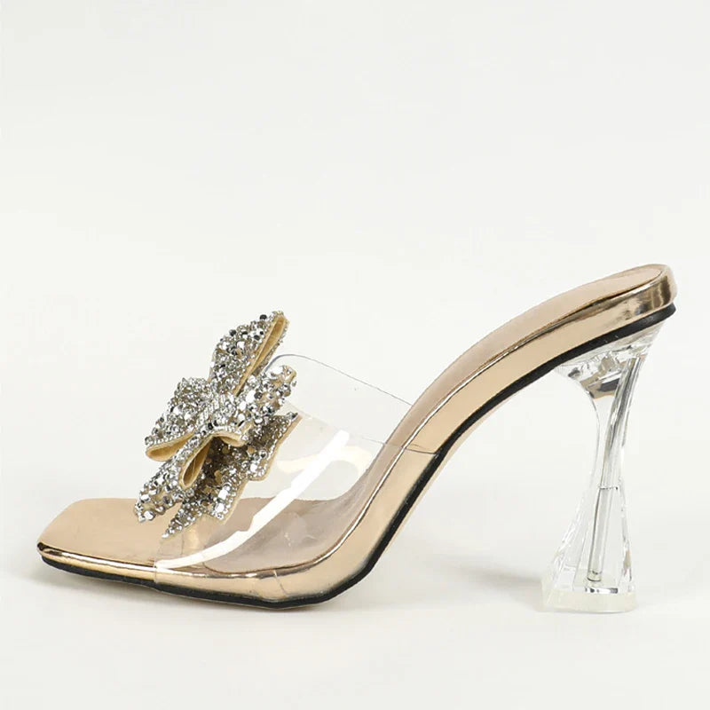Liyke Fashion Silver Sequined Butterfly Knot Women Transparent Slippers Summer Square Toe Clear High Heels Sandals Female Shoes