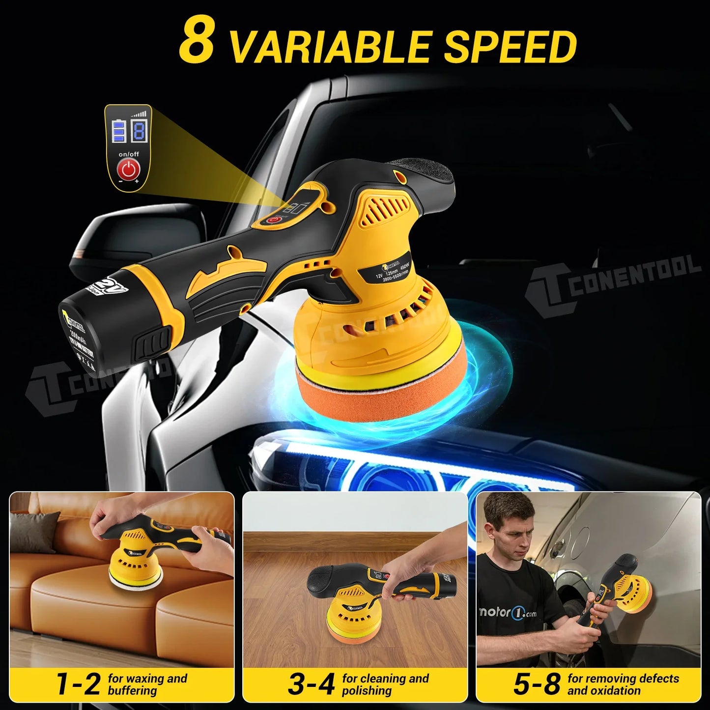 Conentool Cordless 12V Car Polisher Dual Action Wireless Car Polishing Machine Electric Polish Machines Adjustment Power Tools
