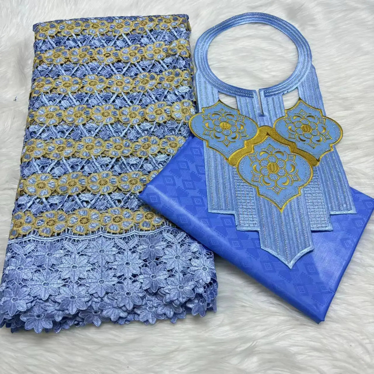 Gold 2.5yards Bazin Riche Fabric with 2.5yards  Cotton Lace Embroidery Fabrics and Collar African Materials For Sewing M5-509-1