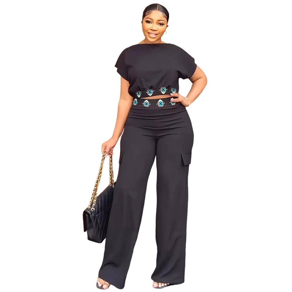 Summer Fall Short-sleeve Trousers Women's 2-piece Set Pullover Tops Elasticated Straight-leg Trousers Casual Fashion Suits Women
