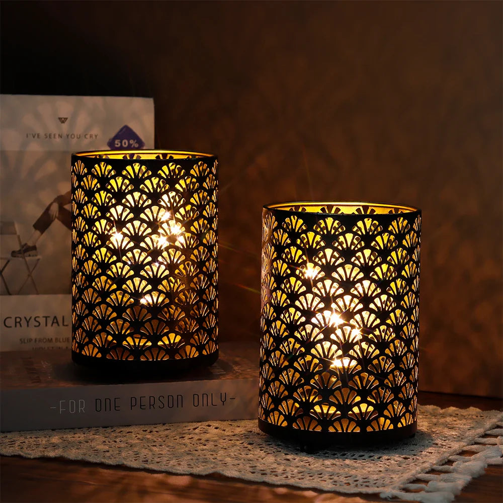 2Pcs Black Metal Table Lamp LED Lantern Battery Powered Lights Cordless