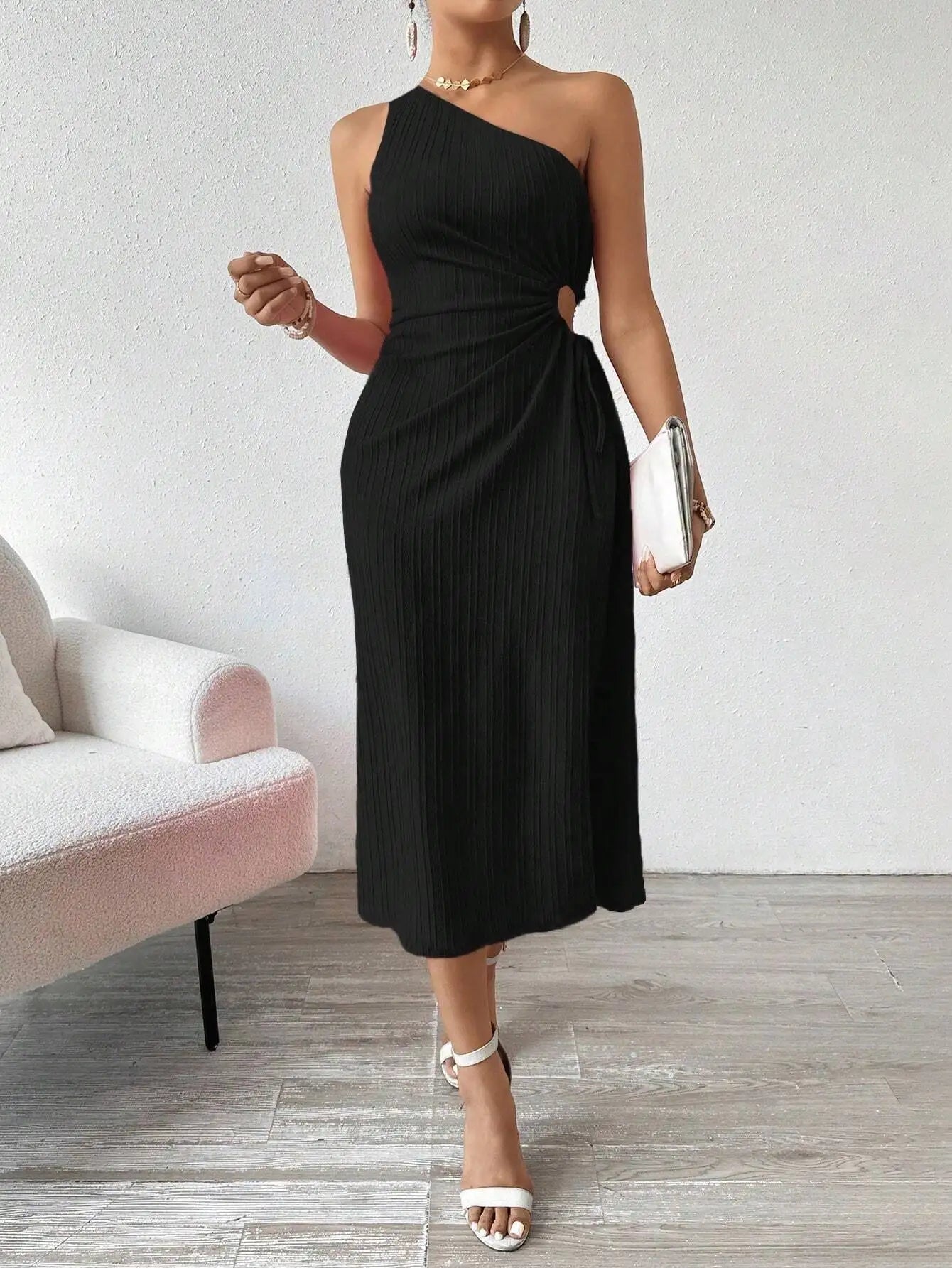 Spring and Summer Elegant Sexy Sleeveless Single Shoulder Diagonal Neck Solid Color Slit Dress Women Summer Dress 2025