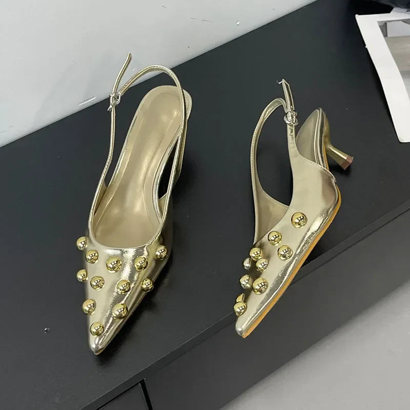 Summer 2025 Fashion Rivet Design High Heeled Sandals Women Sexy Pointed Toe Back Strap Dress Shoes Stripper Pumps Zapatos Mujer