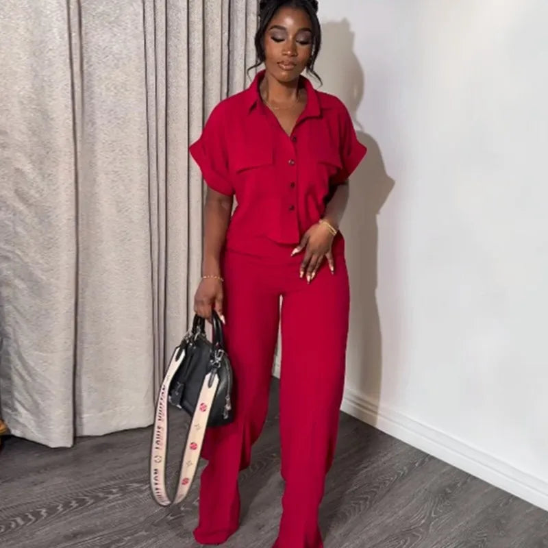 Casual Women's Solid Two Piece Sets Spring Summer Turn-down Neck Short Sleeve Loose Top & Wide Leg Pants Set Streetwear Outfits