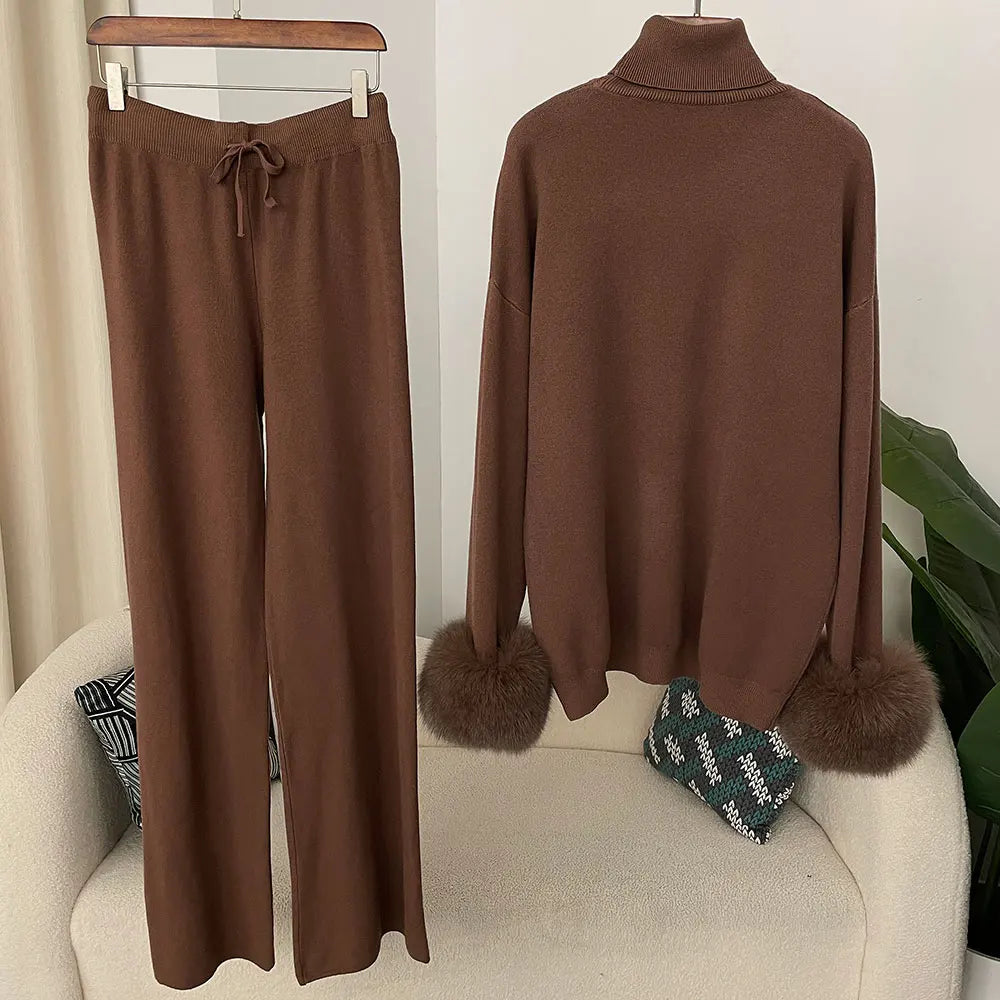 Fashion Autumn Winter Natural Real Fox Fur Cuffs Coat Knitted Sweater Women Long Pants Set Jacket Thick Warm